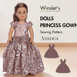 Puede incluir: Una muñeca con un vestido de princesa malva con bordados florales y lentejuelas plateadas. La imagen incluye el texto "Dolls Princess Gown Sewing Pattern Amora" y dos ilustraciones del vestido.