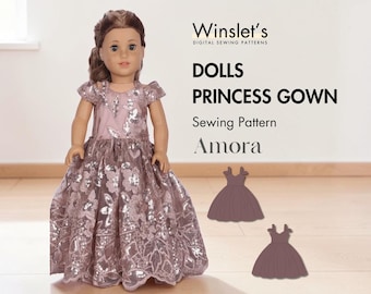 Doll Princess Gown Sewing Pattern| Easy 18" Doll Dress with Cold Shoulder Sleeves| Full-length Doll Dress with Sparkling Details|Instant PDF