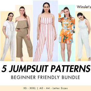 May include: Five different jumpsuit patterns for sewing. The patterns are for beginner sewers and include sizes XS-XXXL and A0-A4. The image shows five women wearing different styles of jumpsuits. The text on the image reads "Winslet's 5 Jumpsuit Patterns Beginner Friendly Bundle XS - XXXL | A0 - A4 - Letter Sizes"