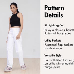 May include: A black sleeveless crop top paired with white straight-leg pants featuring side utility pockets. The image includes text titled Pattern Details, listing features such as Straight-Leg Cut, Utility Pockets, and Versatile Style.
