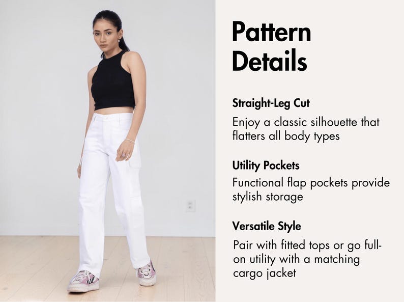 May include: A black sleeveless crop top paired with white straight-leg pants featuring side utility pockets. The image includes text titled Pattern Details, listing features such as Straight-Leg Cut, Utility Pockets, and Versatile Style.