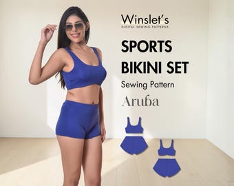 Sports Bikini Set Pattern | Sporty bikini set with a deep scoop neckline top and high-waisted shortie bottoms for full coverage and support