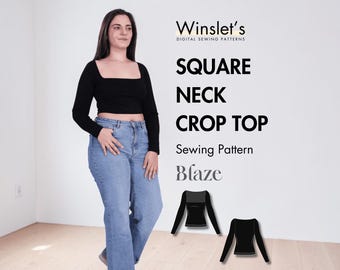 Crop Top Pattern| Square Neck Long Sleeves Top Pattern| Instant PDF Download with Projector Files| Beginner Top Sewing Pattern for Women