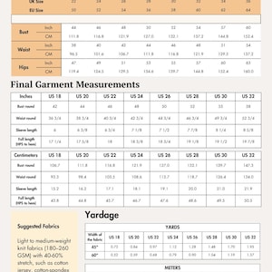May include: An extended size guide chart for garments, featuring tables for body measurements in inches and centimeters, final garment measurements in inches and centimeters, and yardage requirements for fabric widths of 45 inches and 60 inches.