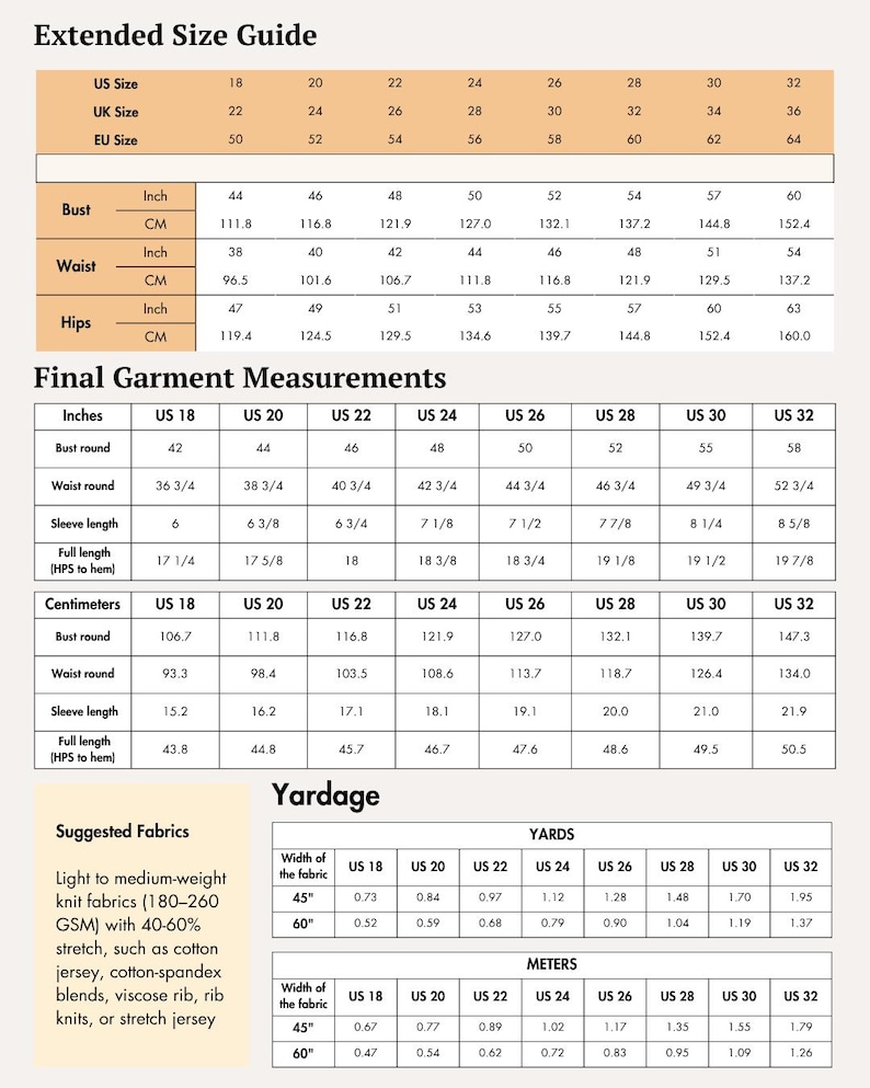 May include: An extended size guide chart for garments, featuring tables for body measurements in inches and centimeters, final garment measurements in inches and centimeters, and yardage requirements for fabric widths of 45 inches and 60 inches.