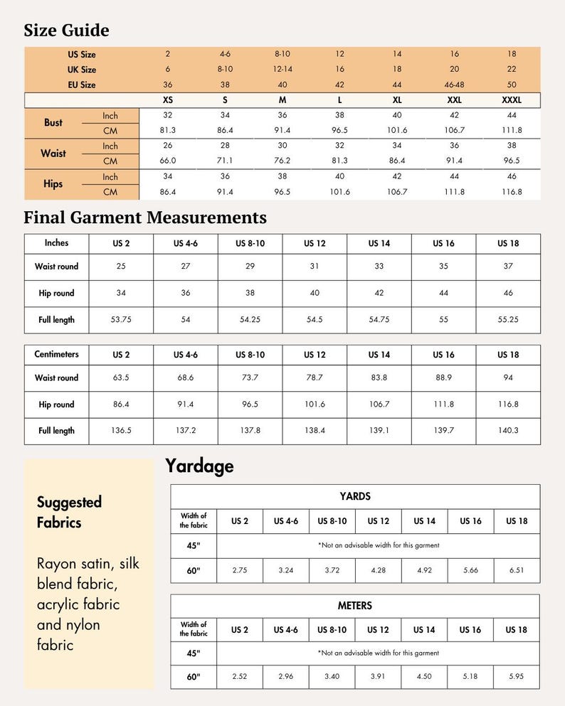 May include: A size guide chart with measurements in inches and centimeters for bust, waist, and hips. Includes final garment measurements and yardage suggestions for various fabric widths, such as rayon satin and silk blend.