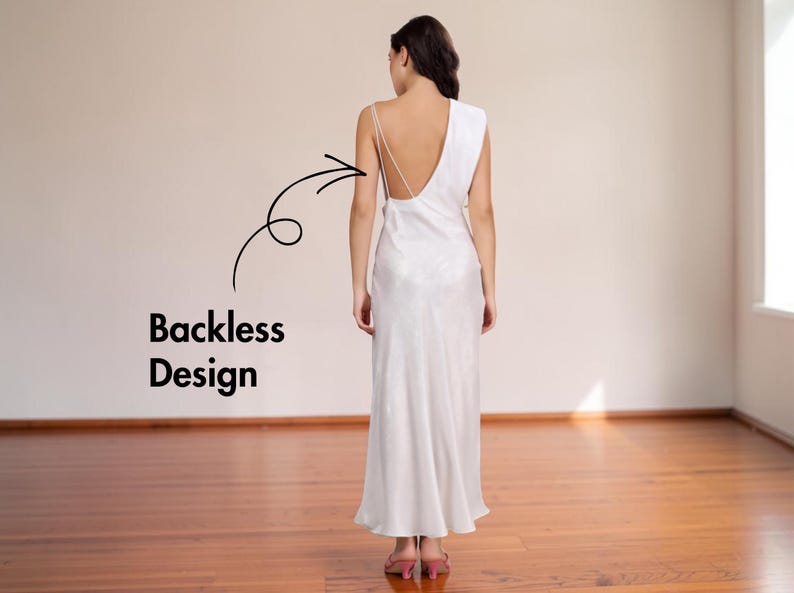 May include: A white, backless, floor-length dress with a draped shoulder detail. The dress has thin spaghetti straps and a flowing skirt. The text "Backless Design" is next to the dress.