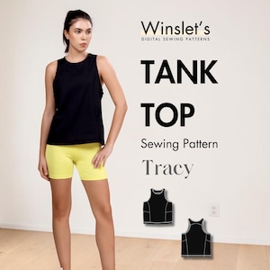 以下が含まれることがあります： 黒いタンクトップと黄色のショートパンツを着た人。画像には「TANK TOP Sewing Pattern Tracy」というテキストと、2つの黒いタンクトップのイラストが含まれています。背景はプレーンな白い壁です。
