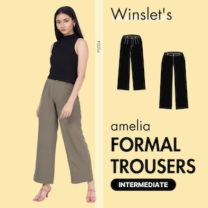 Trousers Pattern, Easy Sewing Pattern, Digital Pattern, High waisted wide leg trouser pants sewing pattern for women