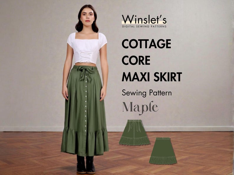 Op de afbeelding: Een vrouw draagt een witte crop top en een lange olijfgroene maxirok met een knoopsluiting aan de voorkant en een gefranjerde zoom. De afbeelding bevat de tekst "Cottage Core Maxi Skirt" en het naaipatroon "Maple".
