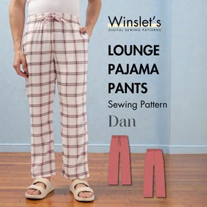 May include: White and red plaid lounge pajama pants with a drawstring waist. The image also includes a sewing pattern for the pajama pants, with the text "Winslet's Digital Sewing Patterns" and "LOUNGE PAJAMA PANTS Sewing Pattern Dan."