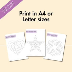 Digital printable sewing practice sheets designed to print in A4 or US Letter size, featuring shape-tracing exercises like hearts, stars, and curves to help beginners practice sewing accuracy