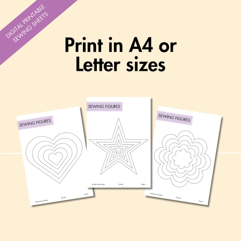 Digital printable sewing practice sheets designed to print in A4 or US Letter size, featuring shape-tracing exercises like hearts, stars, and curves to help beginners practice sewing accuracy