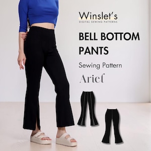 May include: Black bell bottom trousers with a high waist and a split at the hem. The trousers are part of a sewing pattern called "Ariel" by Winslet's Digital Sewing Patterns. The image also shows a person wearing the trousers.