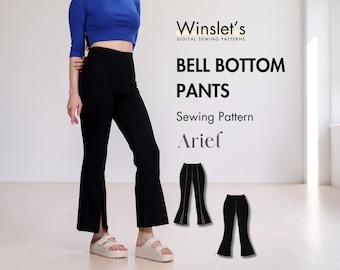 Flared Pants Pattern| Beginner Pants Sewing Pattern for Women| High Waisted Pants with an Elastic Waistband| Sizes US 2-32| Front Slit