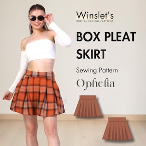 May include: An orange and black plaid box pleat skirt. The image also features a white off-the-shoulder top and sunglasses. The text on the image reads "Box Pleat Skirt" and "Sewing Pattern Ophelia".