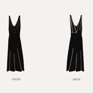 May include: Black evening dress illustration, front and back views. The front view shows a draped neckline and a flared skirt. The back view reveals a different neckline design. The word "FRONT" is below the front view, and "BACK" is below the back view.