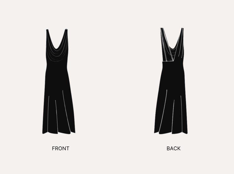 May include: Black evening dress illustration, front and back views. The front view shows a draped neckline and a flared skirt. The back view reveals a different neckline design. The word "FRONT" is below the front view, and "BACK" is below the back view.