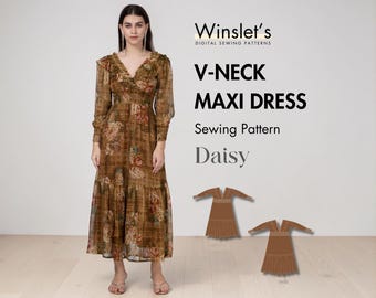 V-Neck Maxi Dress Pattern| Long Sleeve Tiered Skirt with Shirred Waist| PDF Sewing Pattern for A4/A0/Projector| Maxi Dress Pattern