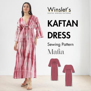 May include: A woman models a long, flowing kaftan dress with a tie-front detail. The dress features a red and white tie-dye pattern. The image also displays the text "Kaftan Dress Sewing Pattern Mafia" and two illustrations of the dress.