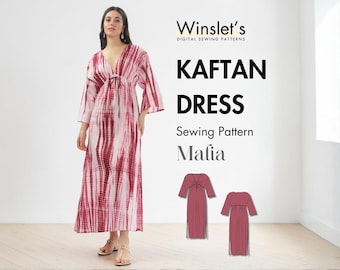 Easy Kaftan Dress Sewing Pattern| Maxi Dress with Drawstring Waist, Deep V-neck & Wide Sleeves| Beach Cover-Up| Beginner Friendly Kaftan PDF