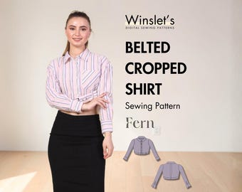 Shirt Pattern| Long Sleeve Top Sewing Pattern | US2-32| A4-US Letter-A0 Sizes-Projector| Women's Shirt Pattern with Belt| Belted Crop Shirt
