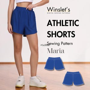 May include: Blue athletic shorts with an elastic waistband. The image also includes the text "ATHLETIC SHORTS" and "Sewing Pattern Maria". The shorts are shown on a person.