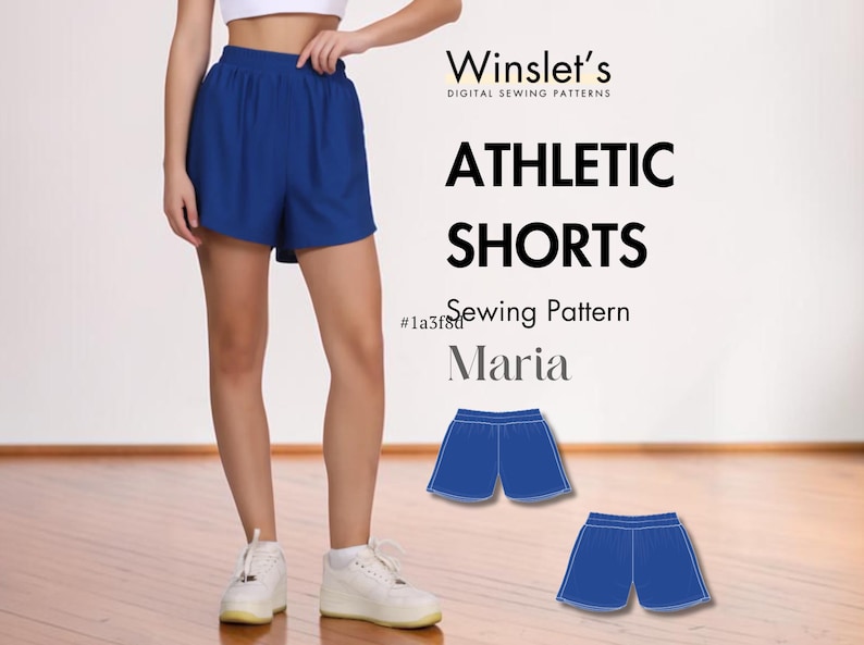 May include: Blue athletic shorts with an elastic waistband. The image also includes the text "ATHLETIC SHORTS" and "Sewing Pattern Maria". The shorts are shown on a person.