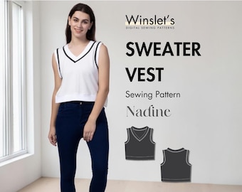 Sweater Vest Pattern| Sleeveless Cropped Sweater Vest Sewing Pattern for Women| Classic V-neck Sleeveless Sweater| Easy Beginner Pattern
