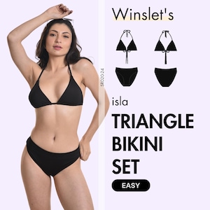 May include: A black triangle bikini set. The set includes a halter-style top and a matching bottom. The image also features the text "Winslet's isla TRIANGLE BIKINI SET EASY".