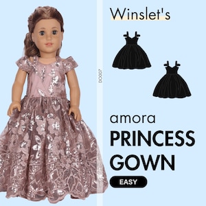 Doll Princess Gown Sewing Pattern| Easy 18&quot; Doll Dress with Cold Shoulder Sleeves| Full-length Doll Dress with Sparkling Details|Instant PDF