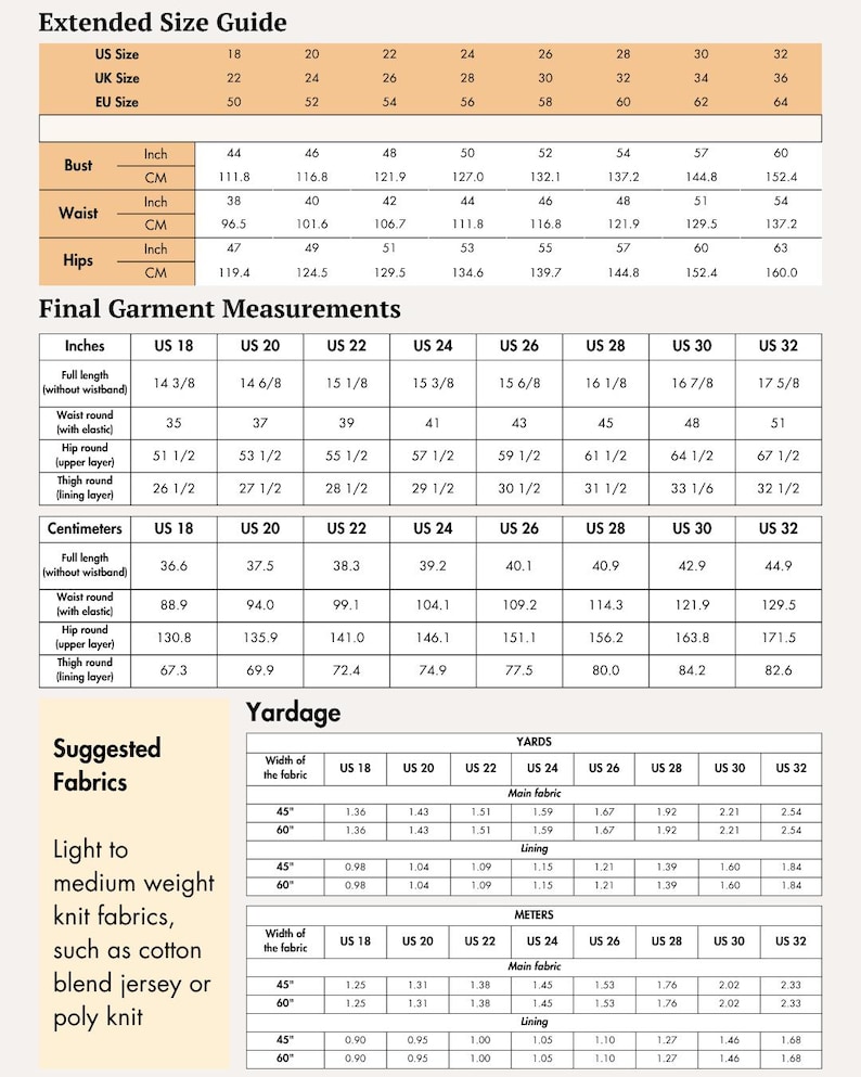 May include: A detailed size chart with measurements in inches and centimeters for bust, waist, and hips. Includes final garment measurements and yardage suggestions for various fabric widths, with US, UK, and EU sizes.