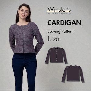Könnte beinhalten: Eine Person trägt einen lila Cardigan mit Knopfleiste und langen Ärmeln. Das Bild enthält ein digitales Schnittmuster für einen Cardigan namens "Liza" von Winslet's Digital Sewing Patterns.