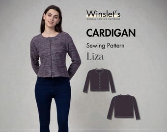 Easy Cardigan Pattern (Projector and PDF) | Button-up Cardigan Sewing Pattern in Sizes US 2-32 and UK 06-36| Round Neck Cardigan