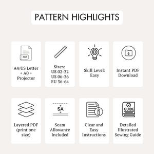 May include: An infographic titled PATTERN HIGHLIGHTS featuring eight icons with text: A4/US Letter + A0 + Projector, Sizes: US 02-32, US 06-36, EU 36-64, Skill Level: Easy, Instant PDF Download, Layered PDF, Seam Allowance Included, Clear and Easy Instructions, and Detailed Illustrated Sewing Guide.