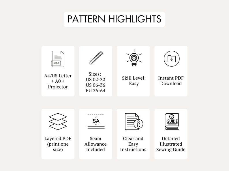 May include: An infographic titled PATTERN HIGHLIGHTS featuring eight icons with text: A4/US Letter + A0 + Projector, Sizes: US 02-32, US 06-36, EU 36-64, Skill Level: Easy, Instant PDF Download, Layered PDF, Seam Allowance Included, Clear and Easy Instructions, and Detailed Illustrated Sewing Guide.