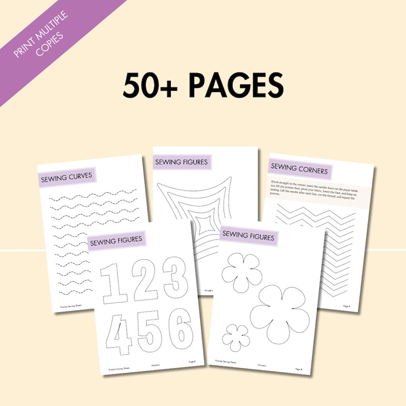 Sewing practice sheets preview showing 50+ printable pages with sewing curves, corners, numbers, and shape tracing exercises, designed for beginners to practice stitching skills and print multiple copies.