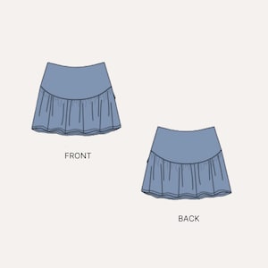 May include: Two views of a blue skirt design, labeled "FRONT" and "BACK." The skirt features a fitted waistband and a ruffled, flared hemline. The design is presented on a neutral background, showcasing the garment's silhouette.