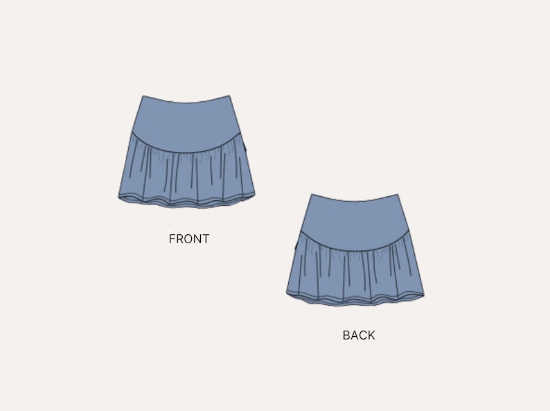 May include: Two views of a blue skirt design, labeled "FRONT" and "BACK." The skirt features a fitted waistband and a ruffled, flared hemline. The design is presented on a neutral background, showcasing the garment's silhouette.