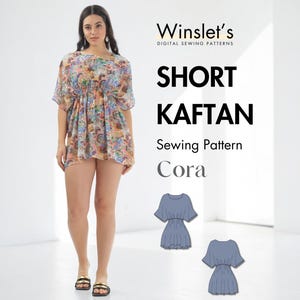 Könnte beinhalten: Eine Frau trägt einen kurzen, farbenfrohen Kaftan. Der Kaftan hat ein Blumenmuster und ist in der Taille gerafft. Das Bild enthält auch den Text "Short Kaftan Sewing Pattern Cora" und das Logo von Winslet's Digital Sewing Patterns.