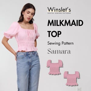 Könnte beinhalten: Ein rosa Milchmädchen-Top mit quadratischem Ausschnitt und kurzen, gepufften Ärmeln. Das Oberteil hat ein gerafftes Oberteil und einen gerüschten Saum. Der Text "Milkmaid Top Sewing Pattern Samara" ist ebenfalls enthalten.
