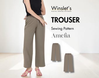Puede incluir: Una persona lleva pantalones verde oliva y una parte superior negra. La imagen incluye el texto "TROUSER Sewing Pattern Amelia" y el logotipo "Winslet's DIGITAL SEWING PATTERNS". Los pantalones son de estilo de pierna ancha.