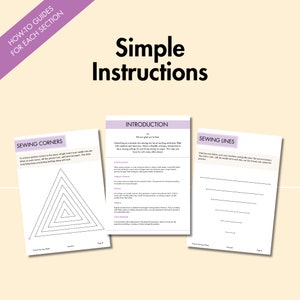 Simple instructions page from digital sewing practice sheets, showing step-by-step how-to guides for sewing lines and corners, designed to help beginners learn basic stitching techniques.
