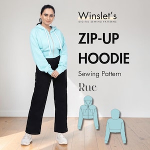 May include: A person wearing a light blue zip-up hoodie with a white drawstring and zipper, paired with black pants and white sneakers. The image also displays a sewing pattern for a zip-up hoodie, with the text "ZIP-UP HOODIE Sewing Pattern Rue".