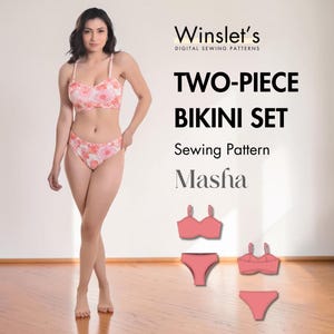 May include: A two-piece bikini set sewing pattern called "Masha" is displayed. The bikini is a floral print in pink and white. The image also shows a woman wearing the bikini.