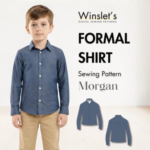 May include: A digital sewing pattern for a formal shirt named Morgan by Winslet's. The image displays a long-sleeved blue button-down shirt with a collar, shown on a person, alongside two flat illustrations of the front and back of the shirt design.