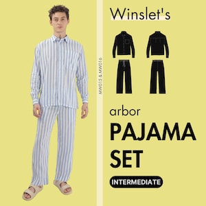 Puede incluir: Una persona con un conjunto de pijama a rayas azules y blancas. El conjunto incluye una camisa abotonada de manga larga y pantalones a juego. La imagen también muestra un conjunto de pijama negro y el texto "Winslet's arbor PAJAMA SET INTERMEDIATE".