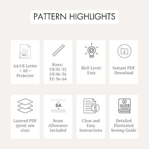 May include: An image with the text "PATTERN HIGHLIGHTS" and icons indicating features of a sewing pattern. Features include A4/US Letter + A0 + Projector, sizes US 02-32 and US 06-36, skill level Easy, and instant PDF download.