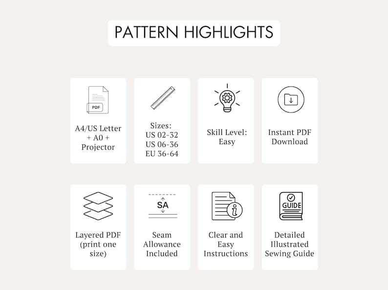 May include: An image with the text "PATTERN HIGHLIGHTS" and icons indicating features of a sewing pattern. Features include A4/US Letter + A0 + Projector, sizes US 02-32 and US 06-36, skill level Easy, and instant PDF download.