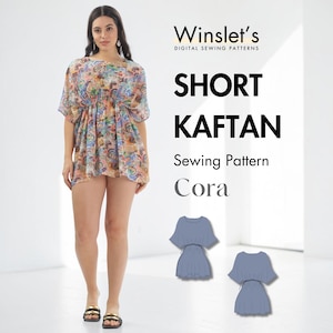 May include: A digital sewing pattern for a short kaftan named Cora by Winslet's. The image displays a person wearing a short, loose-fitting kaftan with a colorful, multi-patterned design, alongside two blue illustrations showing the front and back views.